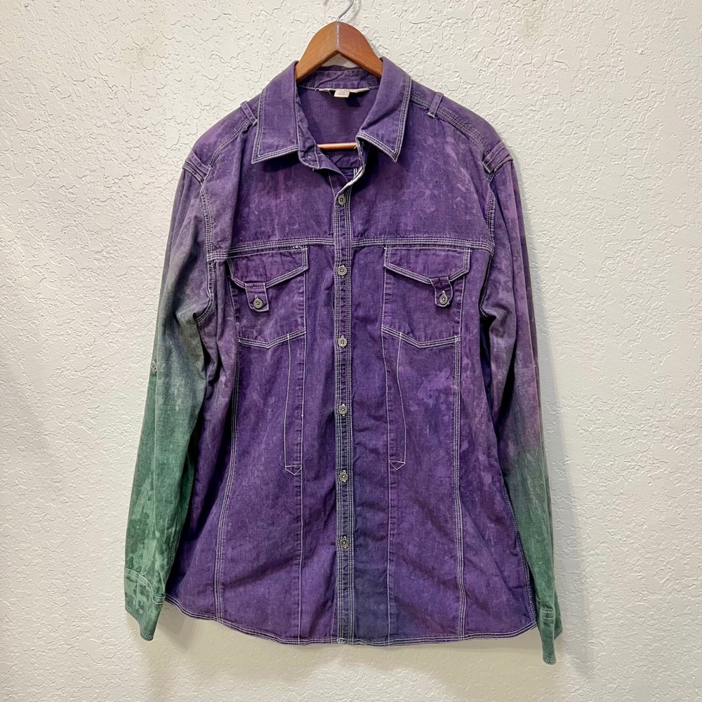 Decree‎ Mens Purple Green Acid Wash Ombre Button Down Utility Shirt Large L